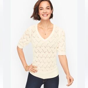 🌿⚡️Talbots Pointelle Puff Sleeve V-Neck Pullover Cream 100% Cotton L Like New